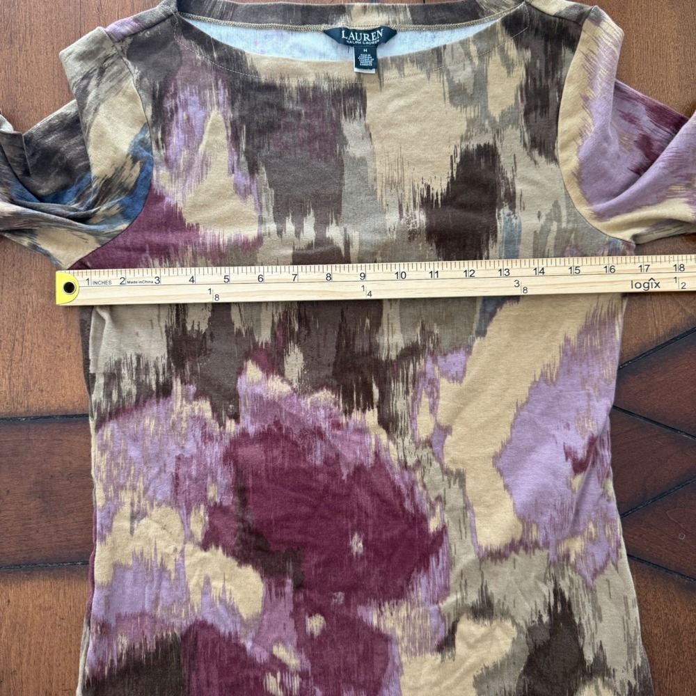 Lauren Ralph Lauren Brown Purple Abstract Ikat Boat Neck Elbow Sleeve Top M - Picture 7 of 8